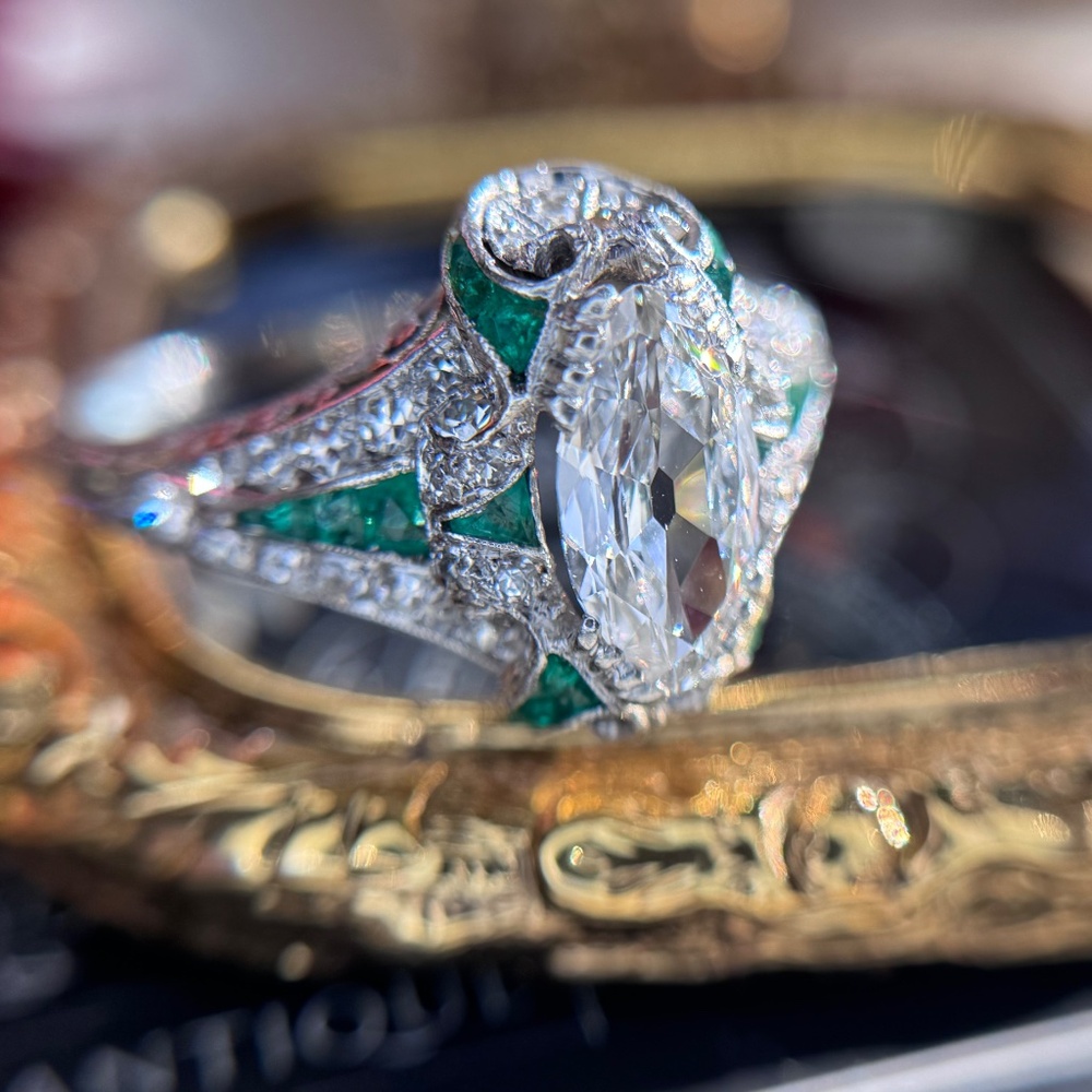 Antique Edwardian Art Deco Marquise Cut Diamond Emerald Platinum Engagement Ring